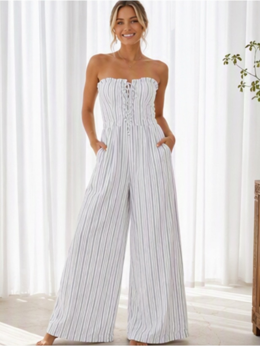 🌷ALI & Jay🌷 White Gray Striped Strapless Lace Up Jumpsuit With Pockets